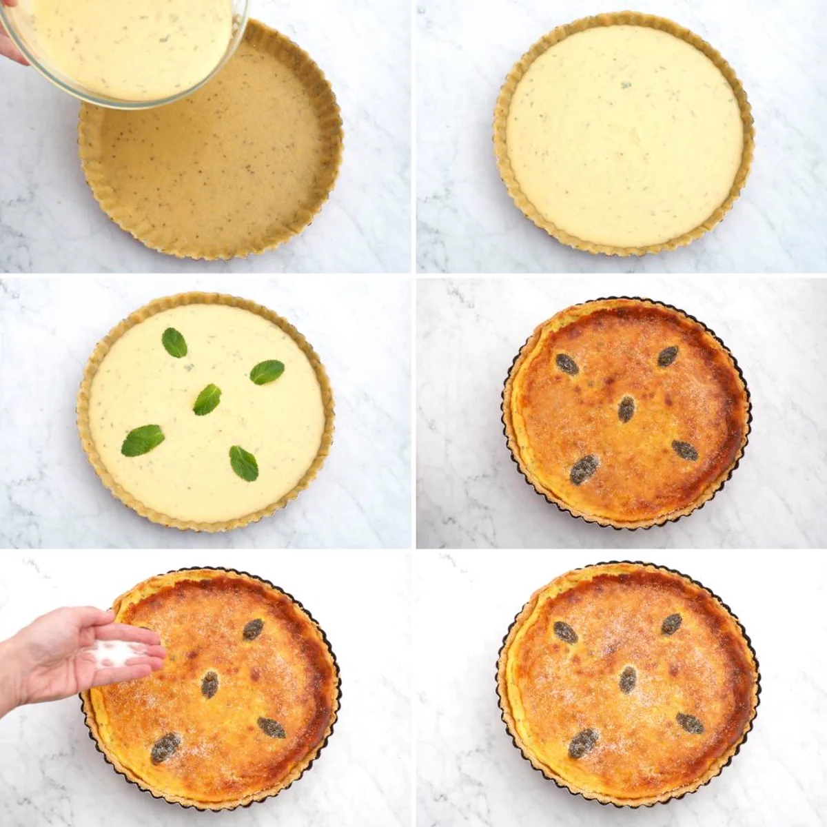 Flaó d'Ibiza coupé, garniture au fromage frais et menthe