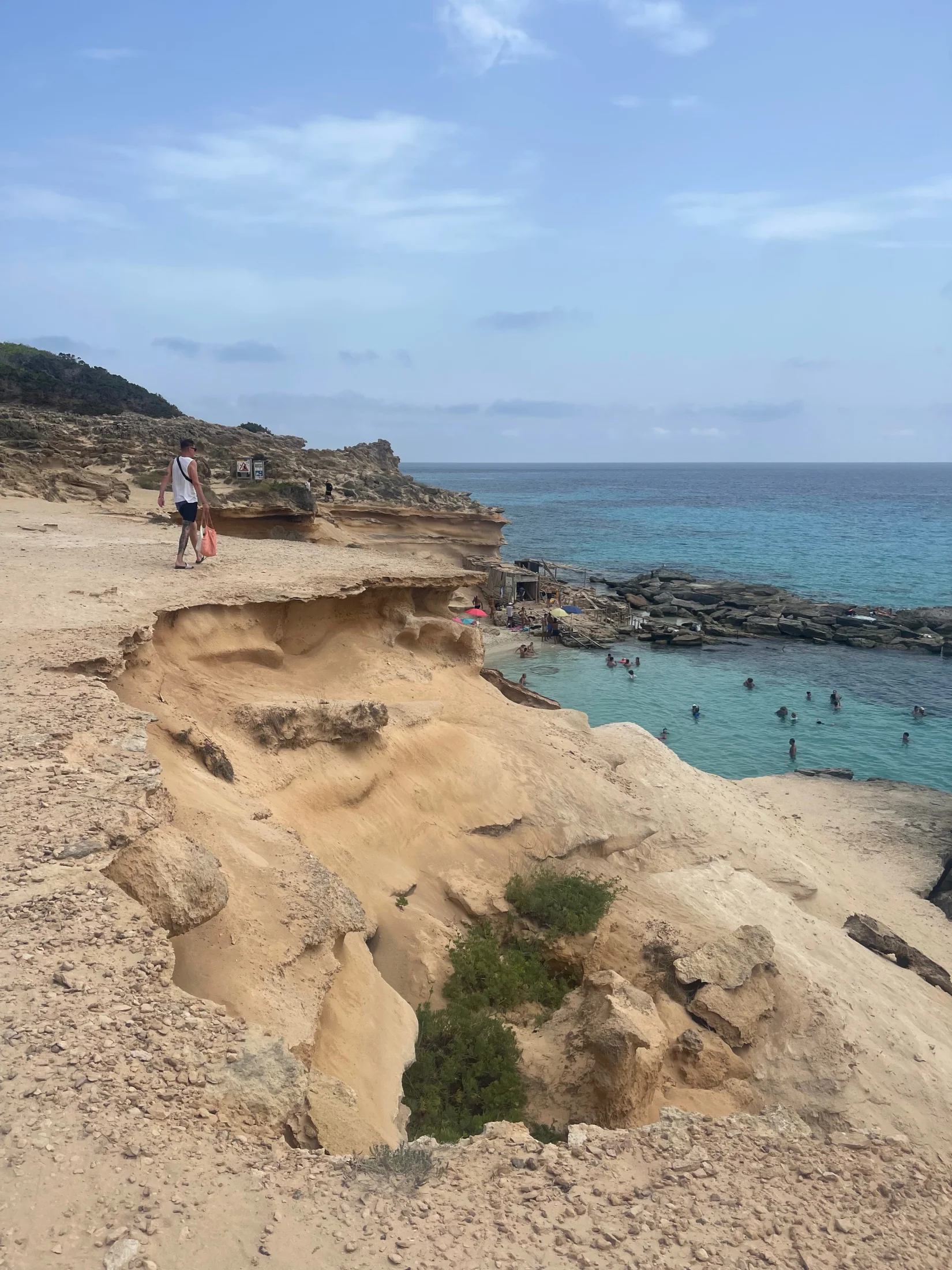 Sentier au-dessus de la crique du Caló des Mort avec baigneurs et cabanes de pêcheurs, Formentera