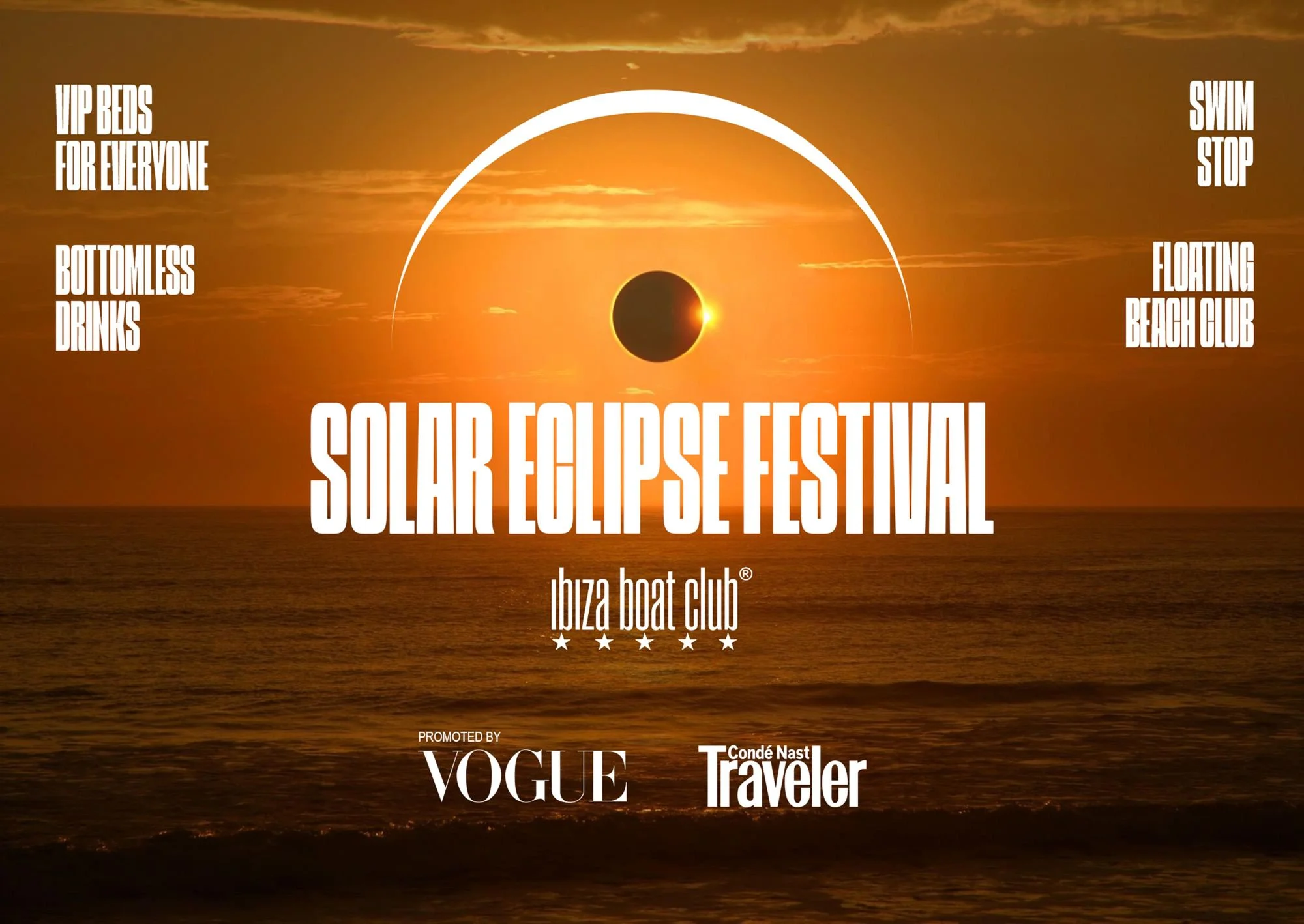 banner solar eclipse festival Affiche Solar Eclipse Festival, boat party Aftersun Ibiza pour l'éclipse du 12 août 2026