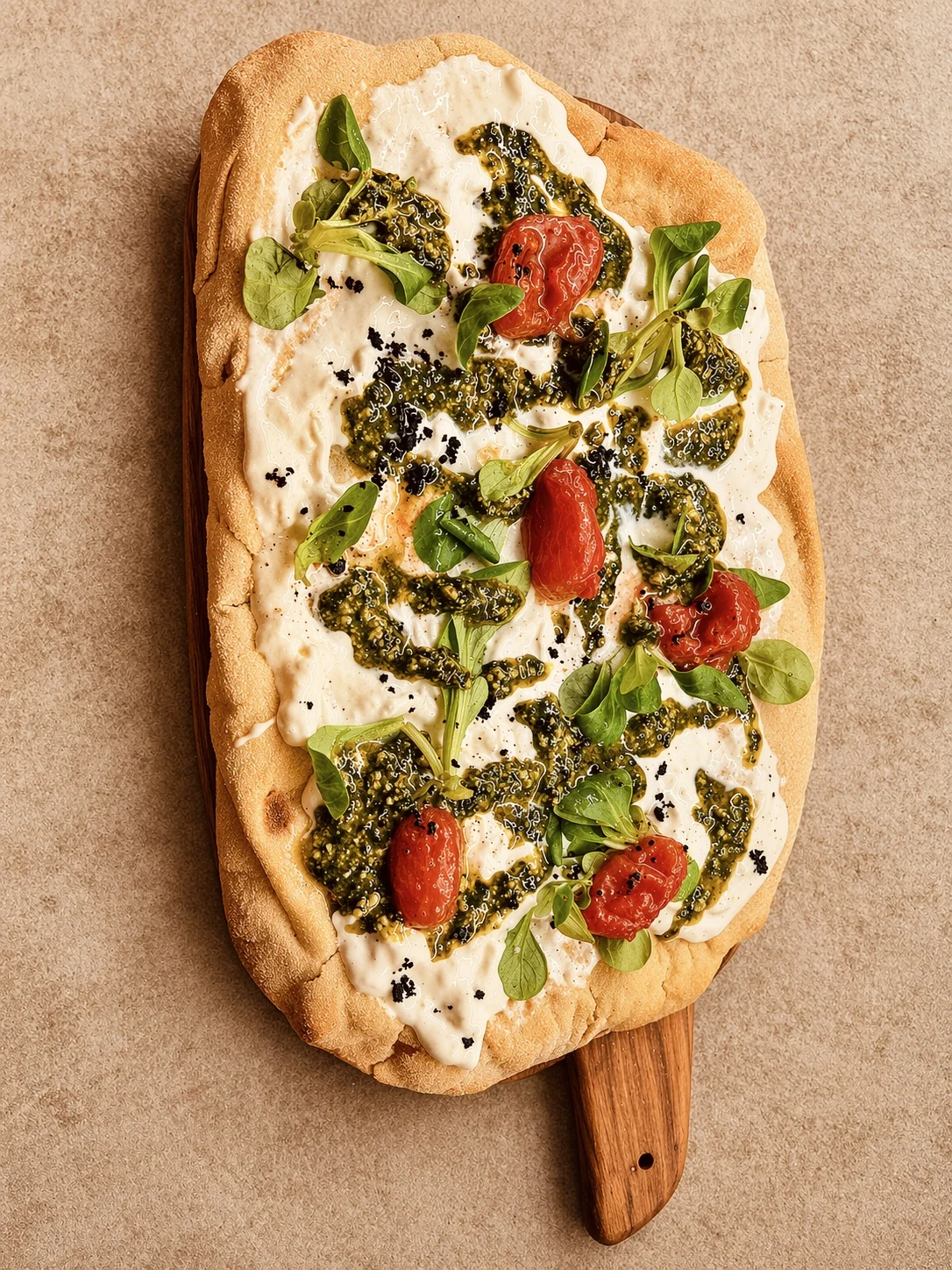 Flatbread garni de burrata, pesto et tomates confites au Chic Fusion Food Ibiza