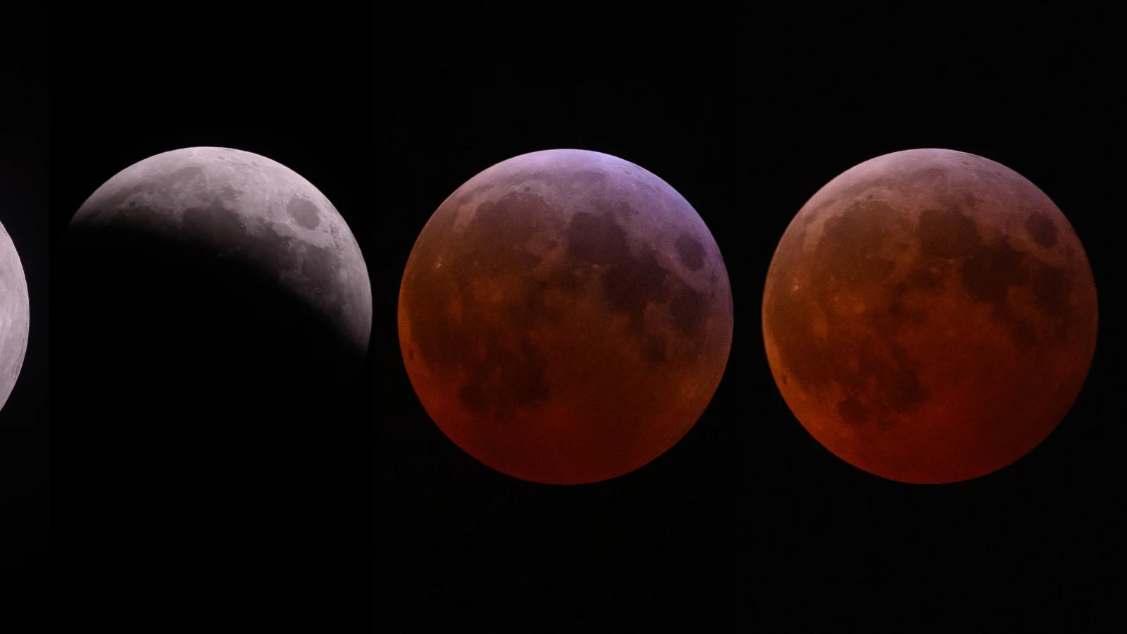 eclipse lune 28 aout 2026 ibiza formentera Phases successives d'une éclipse de Lune, de la phase partielle profonde aux teintes cuivrées