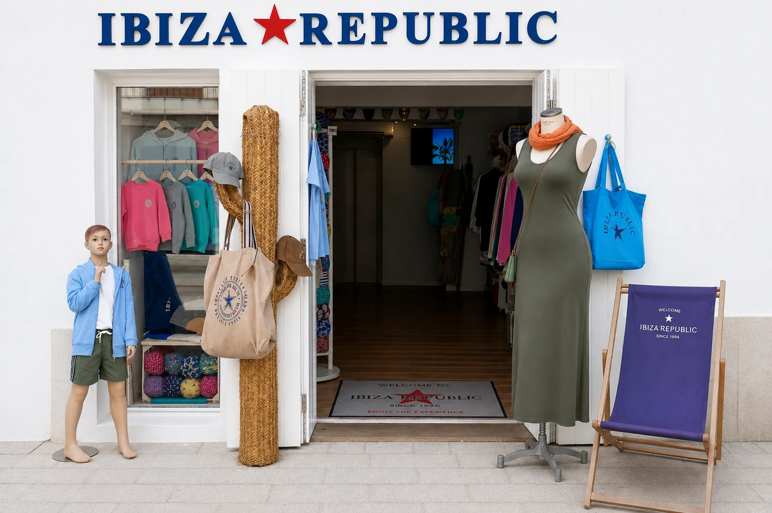 Façade d'Ibiza Republic avec mannequins habillés et sacs suspendus