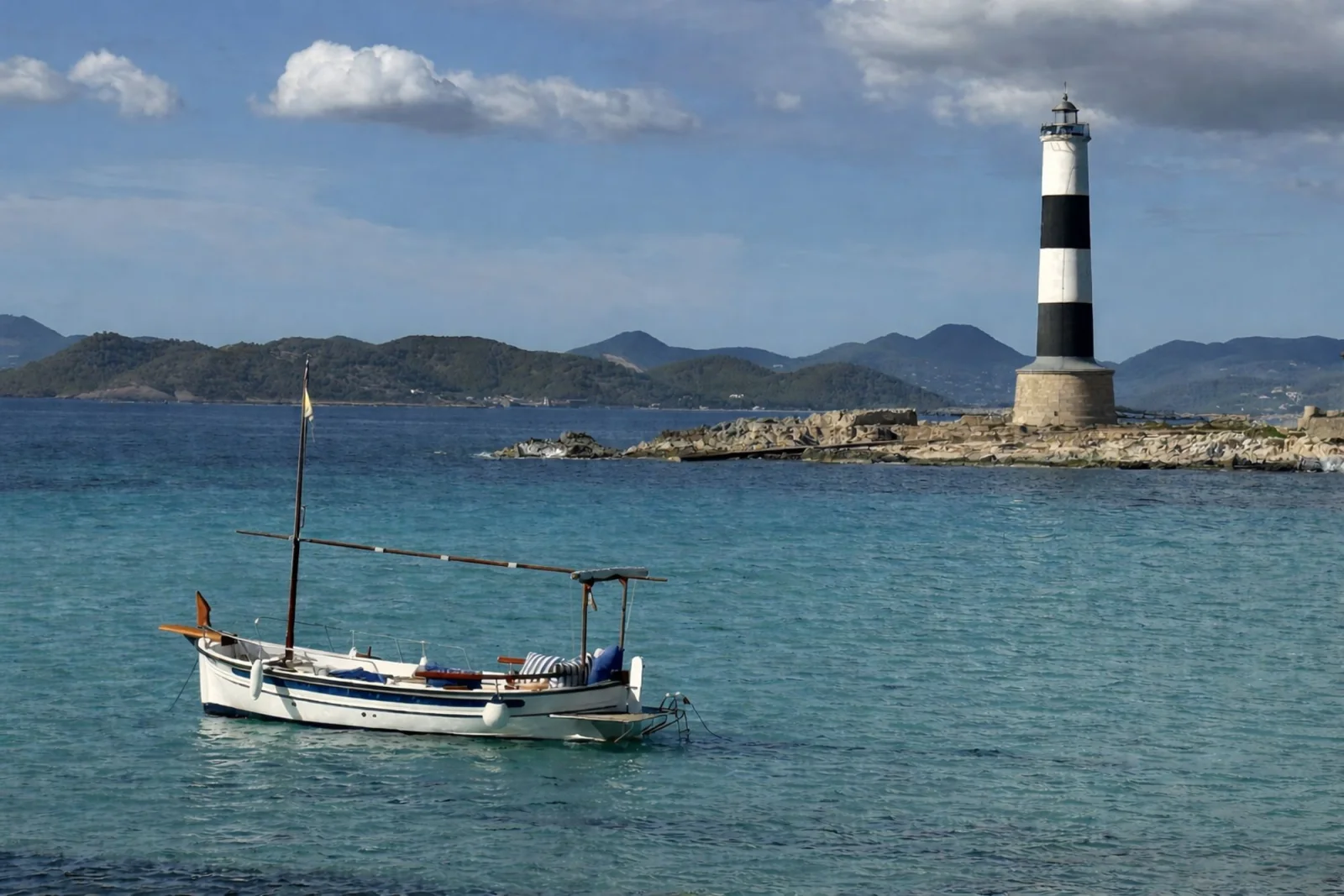 Bateau traditionnel à l'ancre avec vue sur Ibiza et le phare des Freus