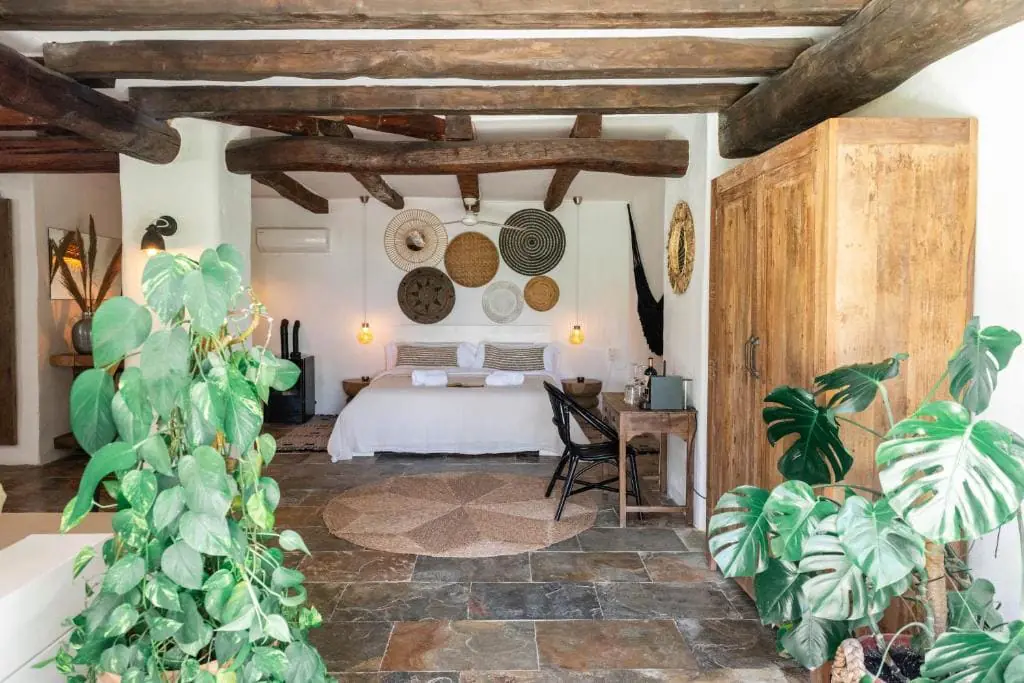 Can Sastre 2 Chambre aux poutres apparentes et plantes vertes de Can Sastre