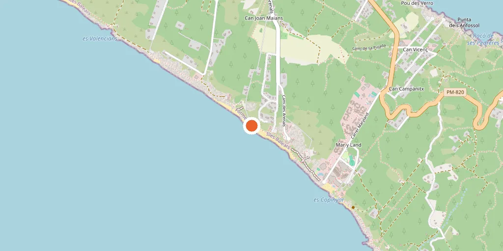 Carte de l'emplacement du Dunas de Formentera sur la plage de Migjorn, entre Es Arenals et Es Caló