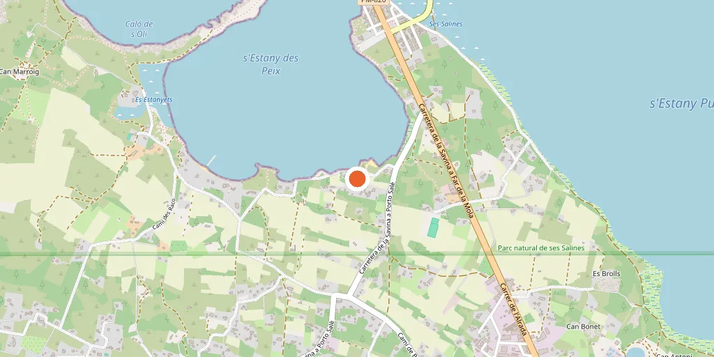 Mapa con la ubicación del Hotel Lago Dorado junto al Estany des Peix, cerca de La Savina, Formentera