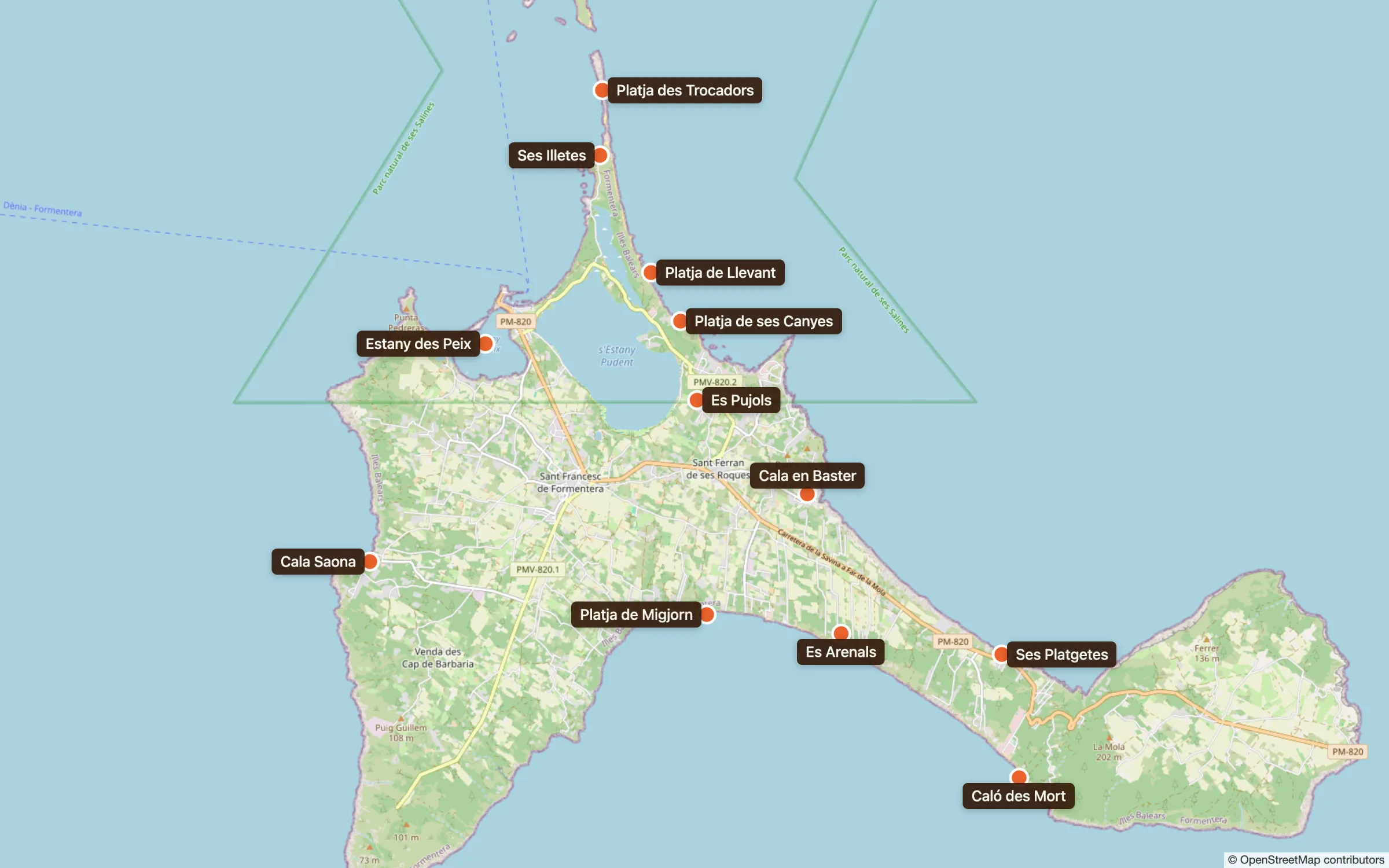 Carte de Formentera avec les 12 plages du guide : Ses Illetes, Trocadors, Llevant, Ses Canyes, Es Pujols, Cala en Baster, Estany des Peix, Cala Saona, Migjorn, Es Arenals, Ses Platgetes et Caló des Mort