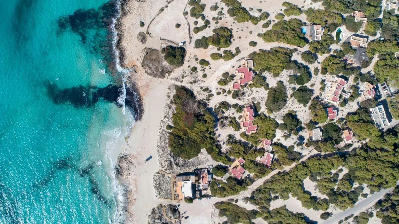 Vue aérienne du Dunas de Formentera entre les dunes, les pins et l'eau turquoise de Migjorn