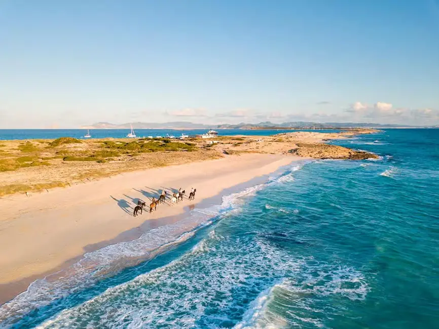 formentera cheval g 1 Groupe de cavaliers longeant la plage de Formentera, vue aérienne