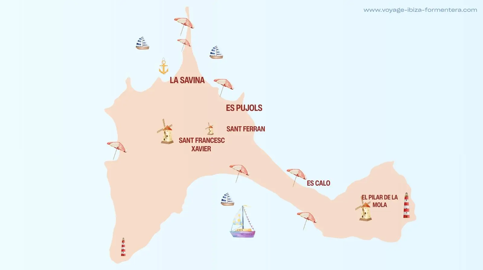 Carte de Formentera avec les zones conseillées pour un séjour en famille